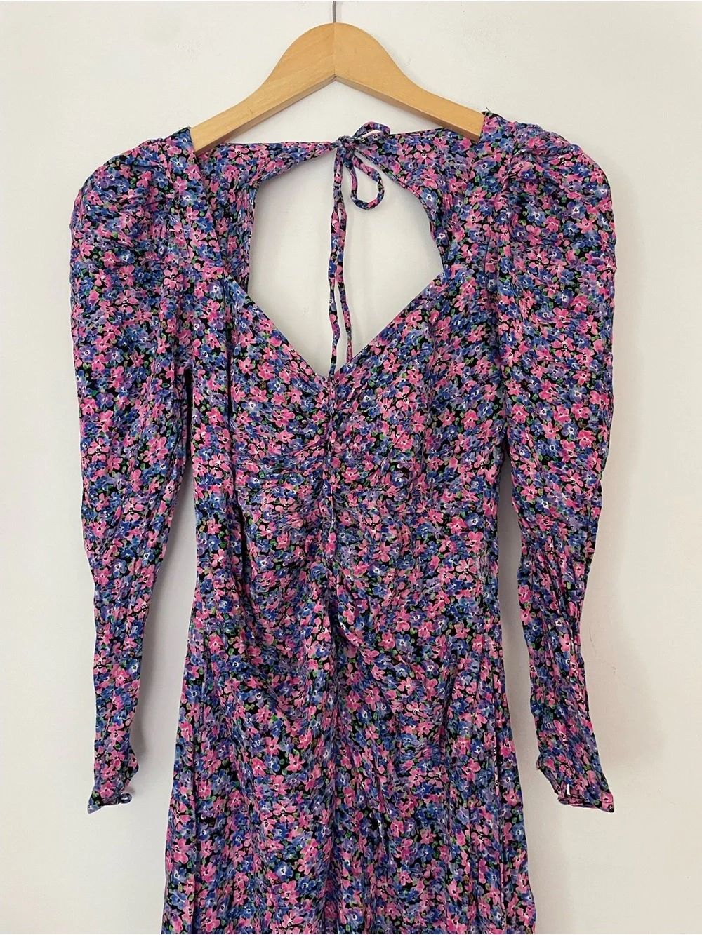 Zara Floral Ruched Midi Dress Size Medium Puff Sleeve Open Back - Picture 8 of 10